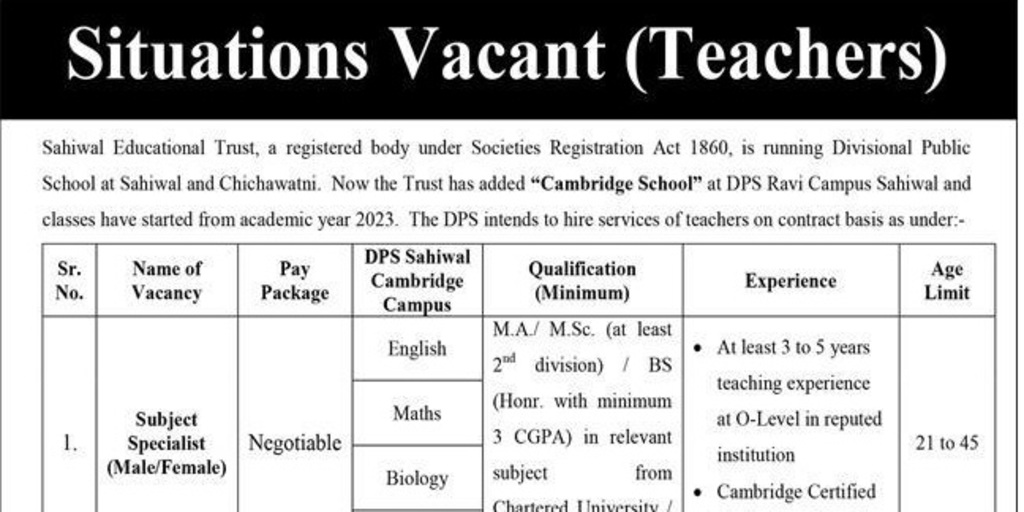 Subject Specialist (Male & Female) Jobs 2024 at DPS