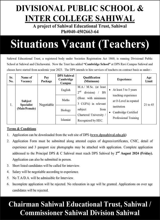 Subject Specialist (Male & Female) Jobs 2024 at Divisional Public School