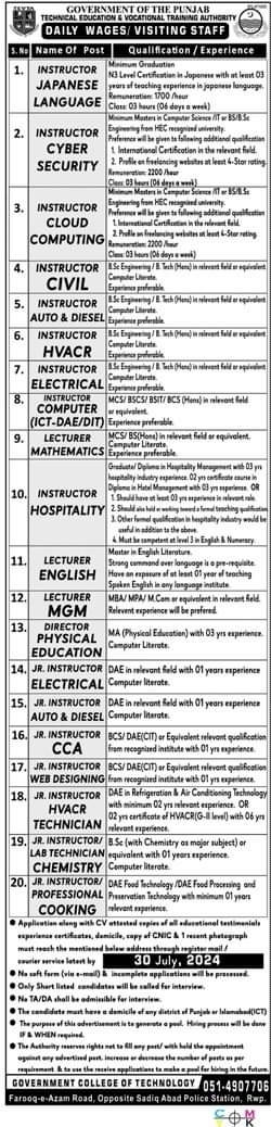 TEVTA Lecturer Jobs 2024 Technical Education And Vocational Training Authority