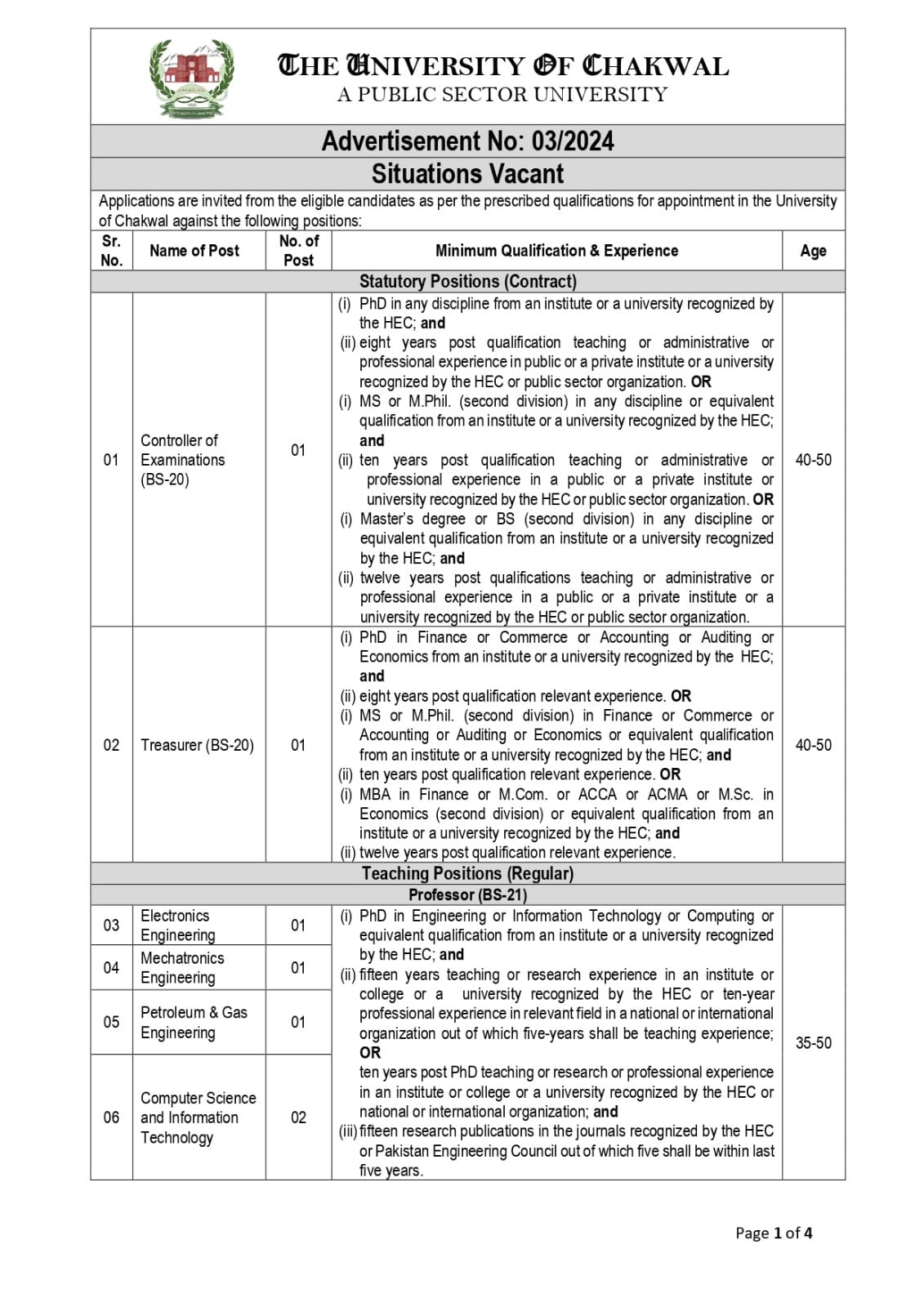 The University of Chakwal Jobs 2024 - Page 1