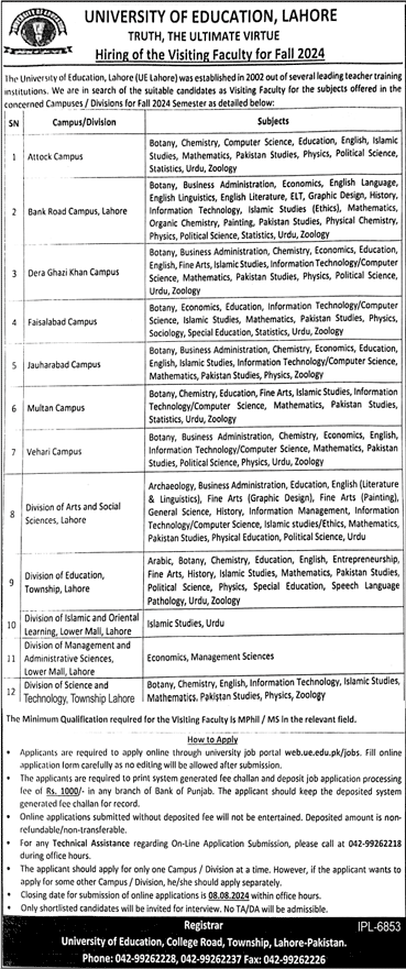 University of Education Visiting Teaching Faculty Jobs 2024