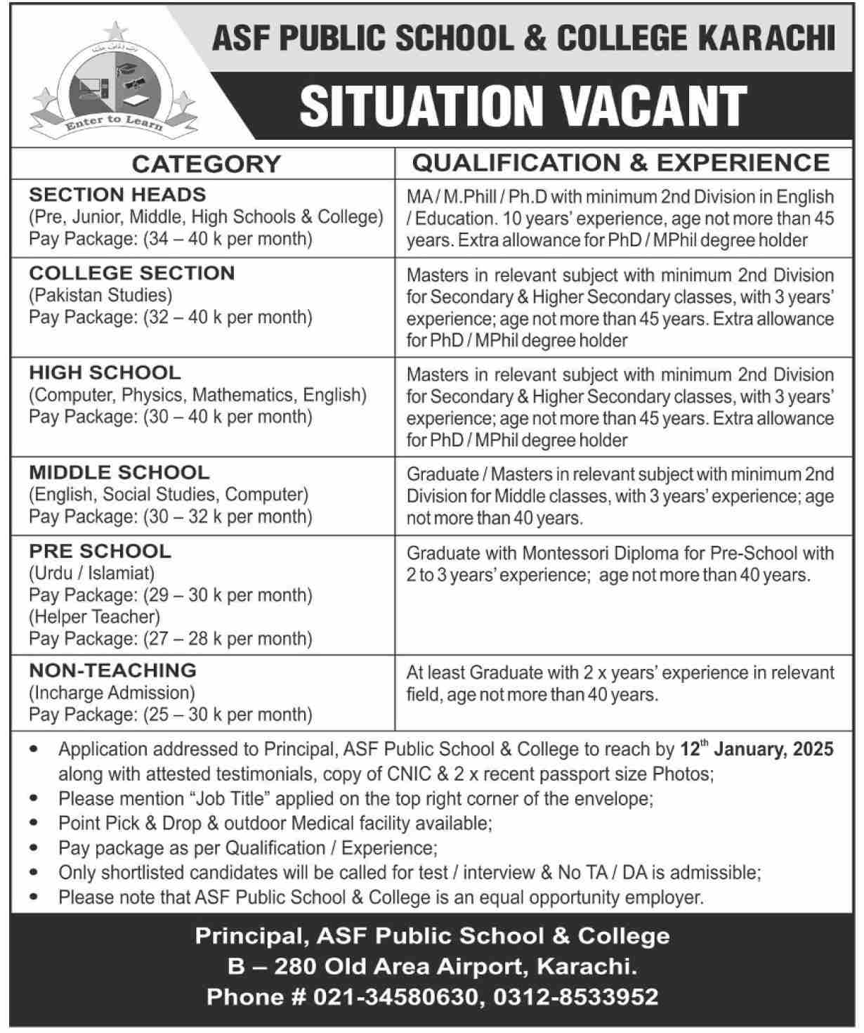 ASF Public School and College Karachi Teaching Jobs 2025