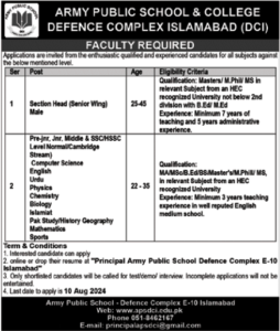 Army Public School All Subjects Teachers Jobs 2024