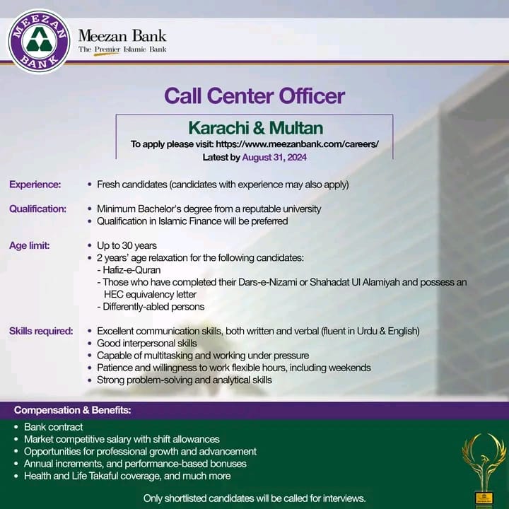 Meezan Bank Call Center Officers Jobs 2024