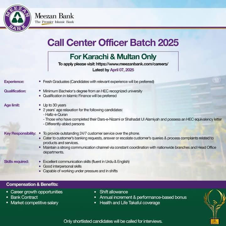 Meezan Bank Call Center Officers Jobs 2025 Online Apply