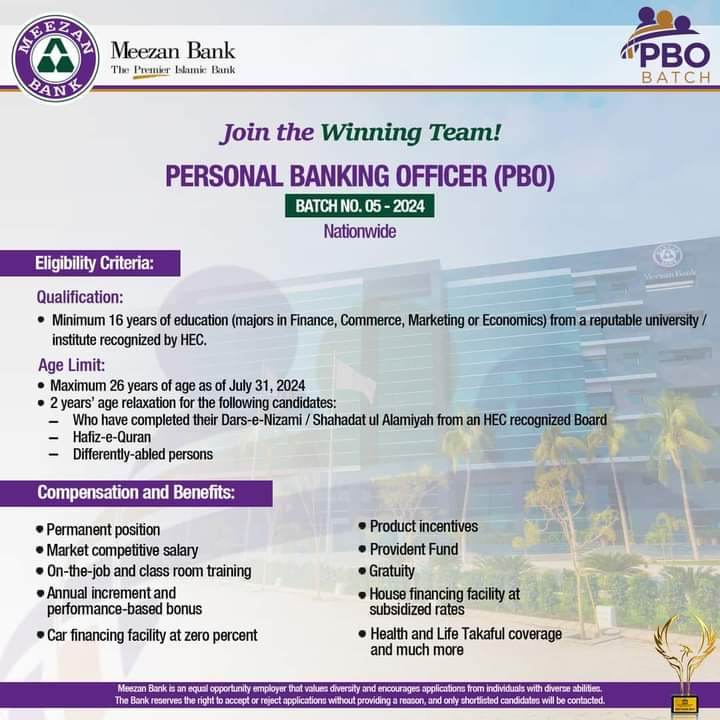 Meezan Bank Jobs 2024 (Personal Banking Officers Batch 2024)