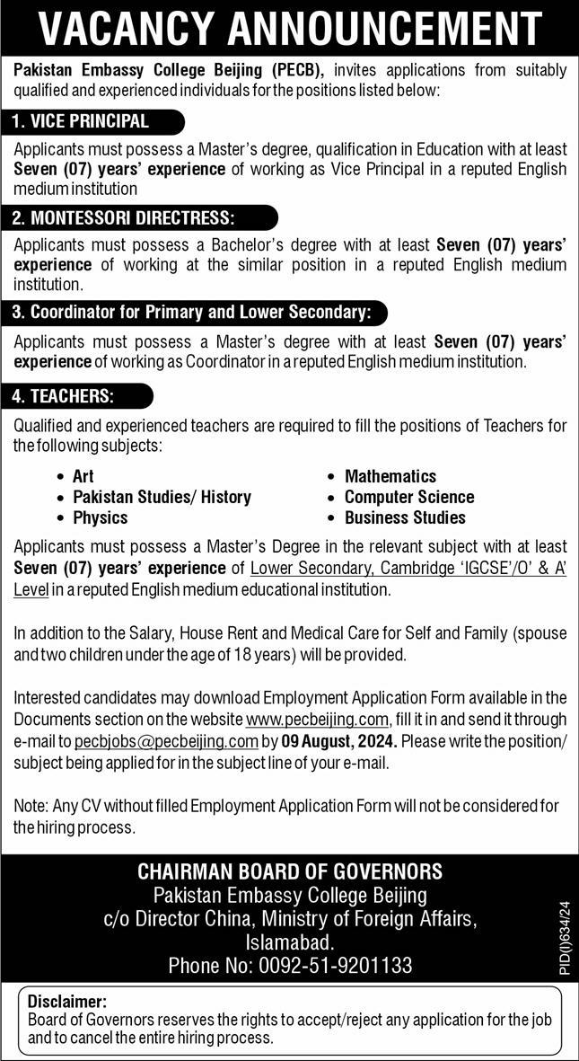 Pakistan Embassy College PEC Beijing Teaching Staff Career Opportunities 2024