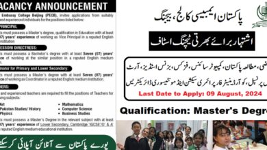 Pakistan Embassy College PEC Beijing Teaching Staff Jobs 2024