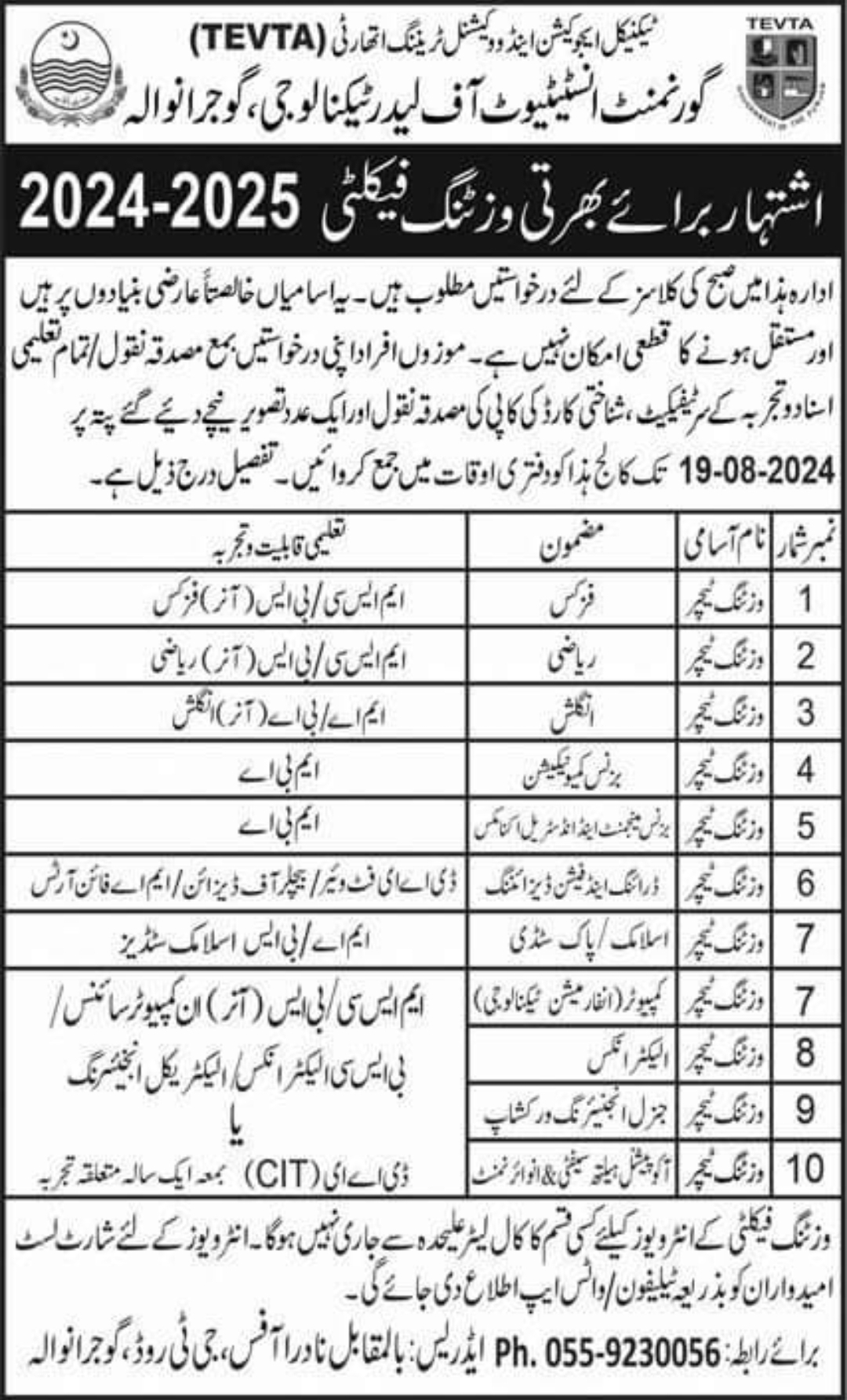 TEVTA Visiting Faculty Teacher Jobs 2024 Government Institute of Technology