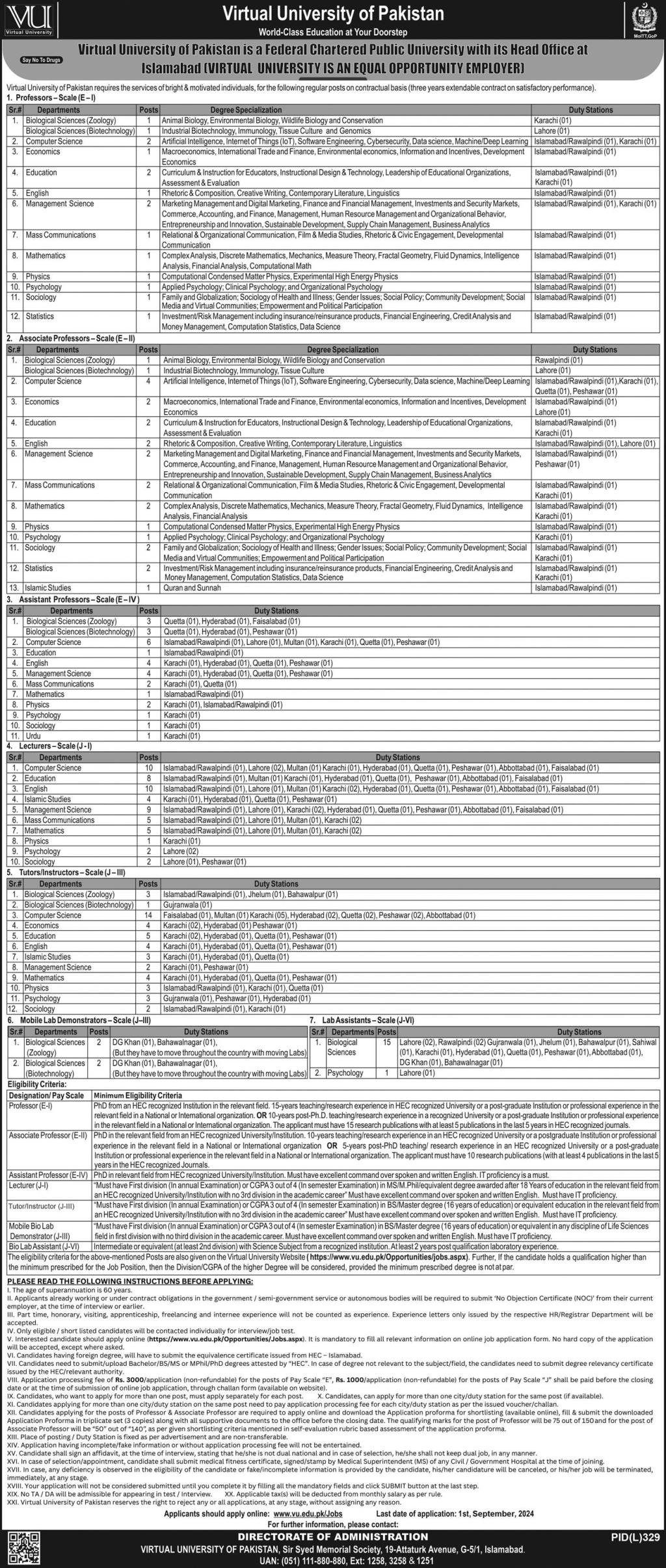 Virtual University of Pakistan VU Jobs 2024 Advertisement