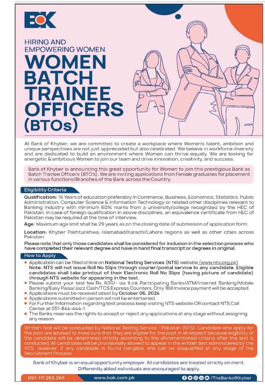 BOK Women Batch Trainee Officers Jobs 2024