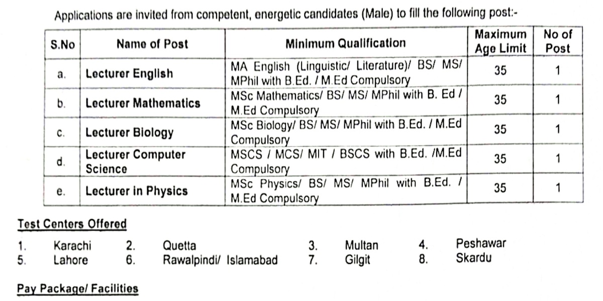 Cadet College Skardu Male Lecturer Jobs 2024 Advertisement
