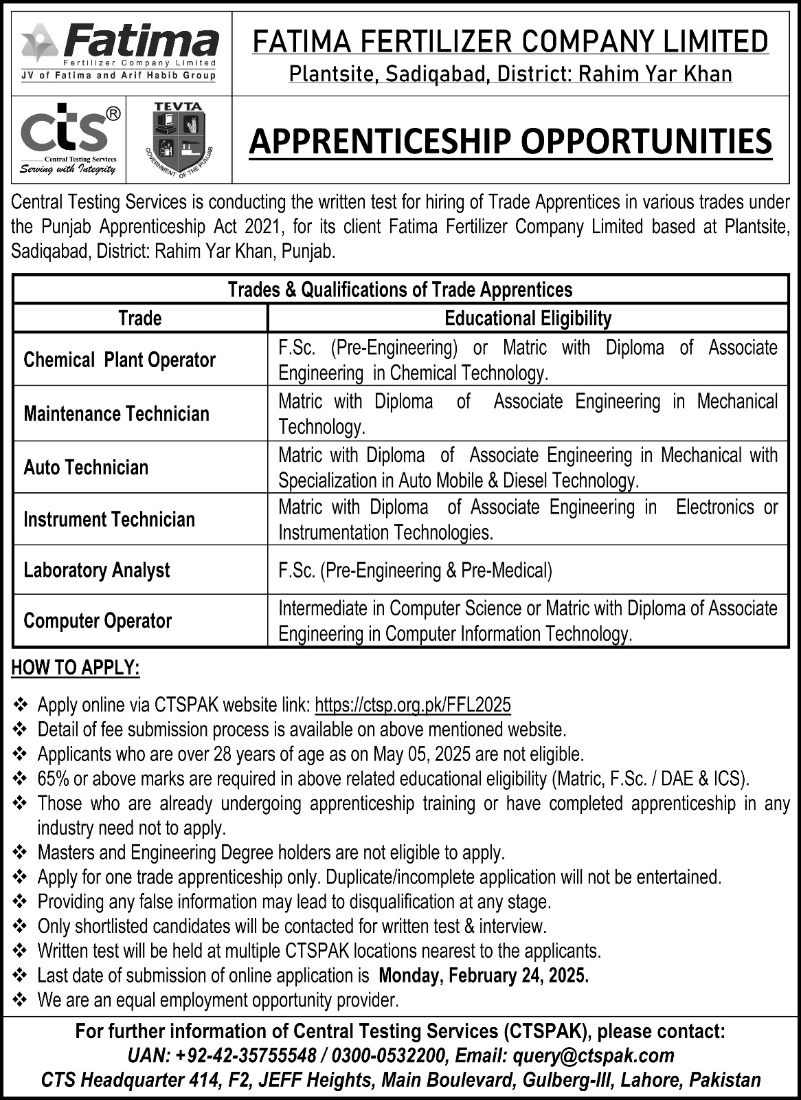 Fatima Fertilizer Apprenticeship Program 2025 Latest Advertisement