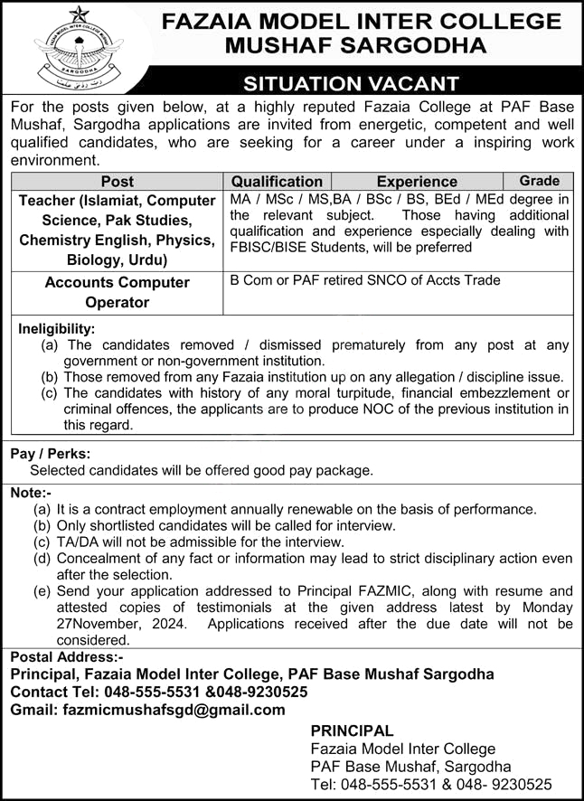 Fazaia Inter College New Teaching Staff Jobs 2024