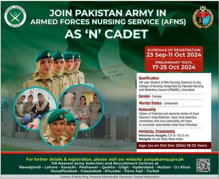 AFNS Join Pak Army N Cadet Jobs for Females 2024 