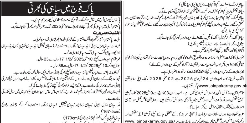 Pak Army Soldier Jobs 2025 Advertisement Online Apply
