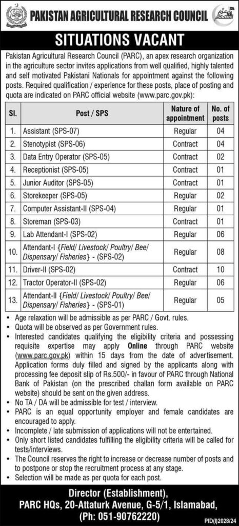 Pakistan Agricultural Research Council PARC Jobs September 2024