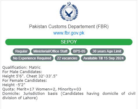 Pakistan Customs Department (FBR Sepoy BPS-05)