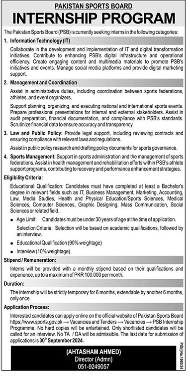 Pakistan Sports Board Internship Program 2024