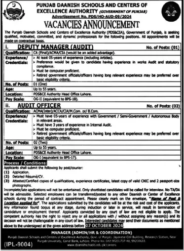 Punjab Daanish Schools and Center of Excellence Authority Jobs September 2024