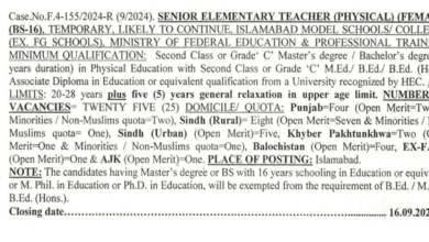 Senior Elementary School Teachers (Females BS-16) Job 2024