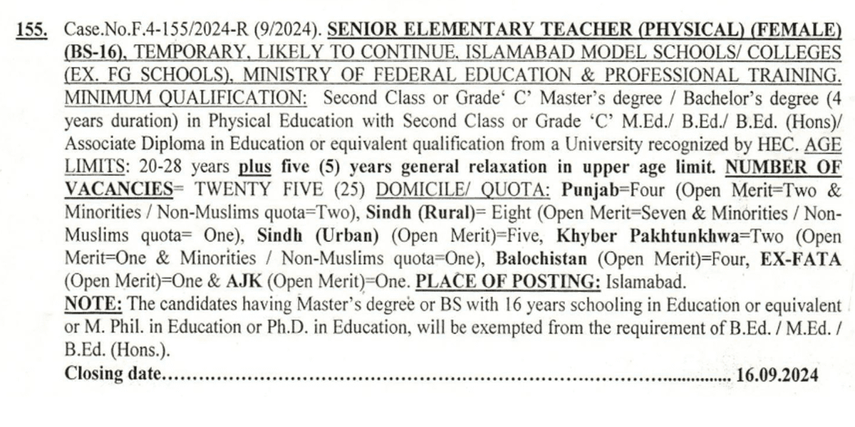 Senior Elementary School Teachers (Females BS-16) Job 2024