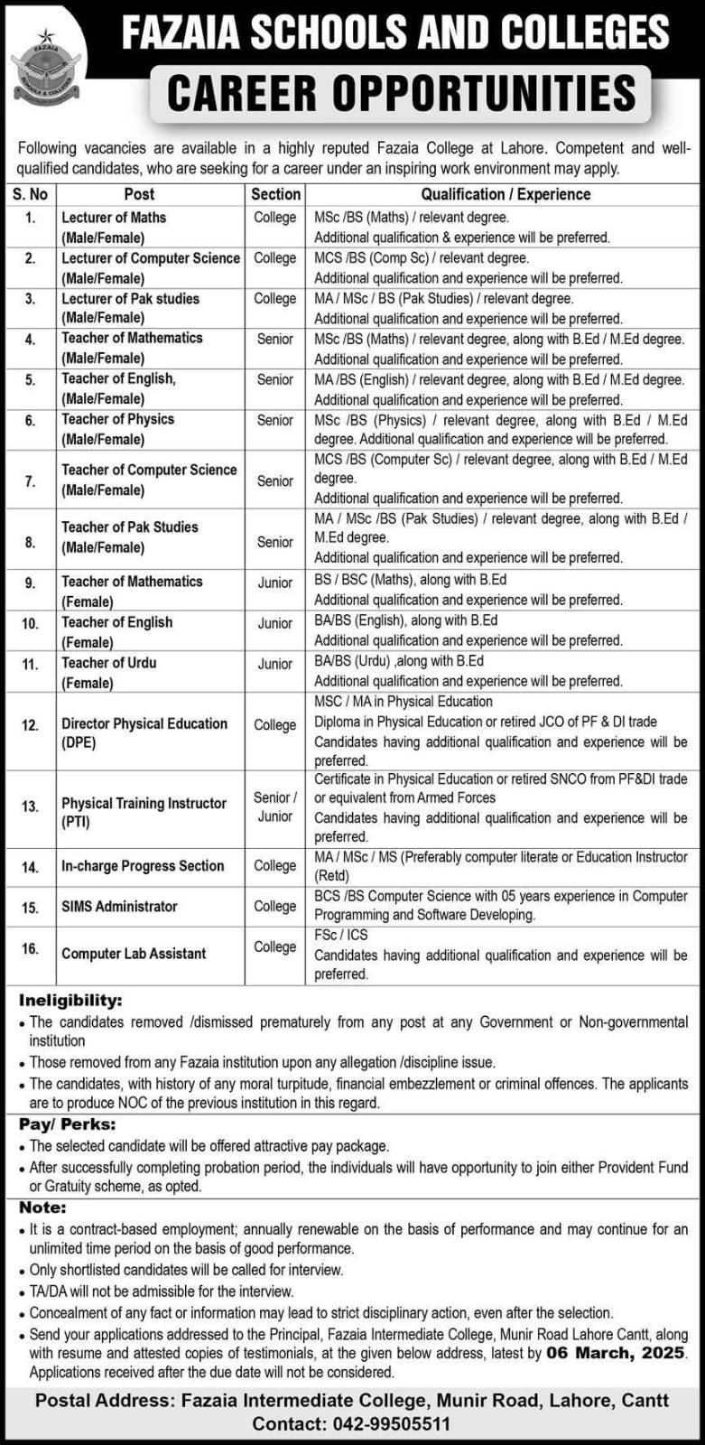 Fazaia Inter College Lahore Jobs 2025 (Lecturer, Senior and Teachers)