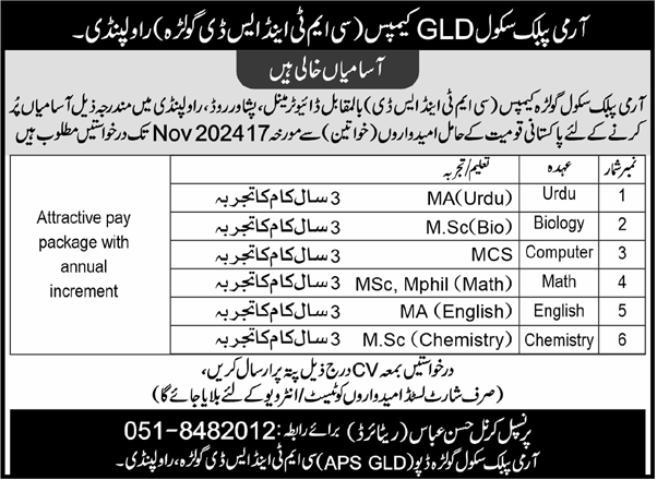 Army Public School GLD Campus Latest Jobs 2024