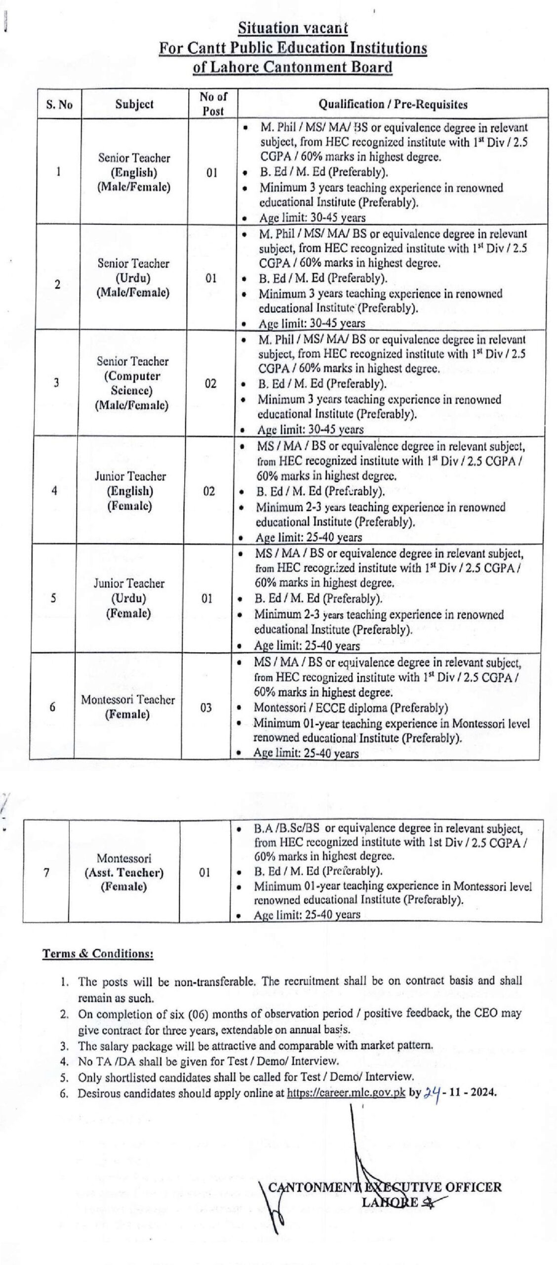 Cantt School Lahore Jobs November 2024