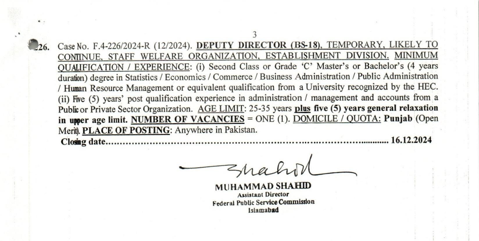 FPSC Jobs Advertisement No 12 - 3