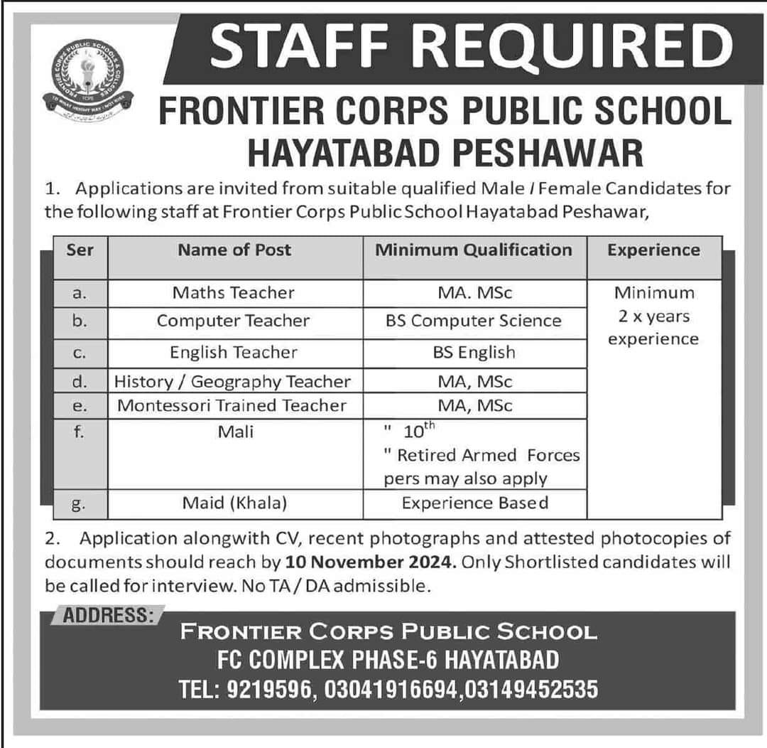 Frontier Corps FC Public School Teaching & Non Teaching Staff Jobs 2024