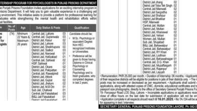 Punjab Prison Department Jobs 2025 Internship Program