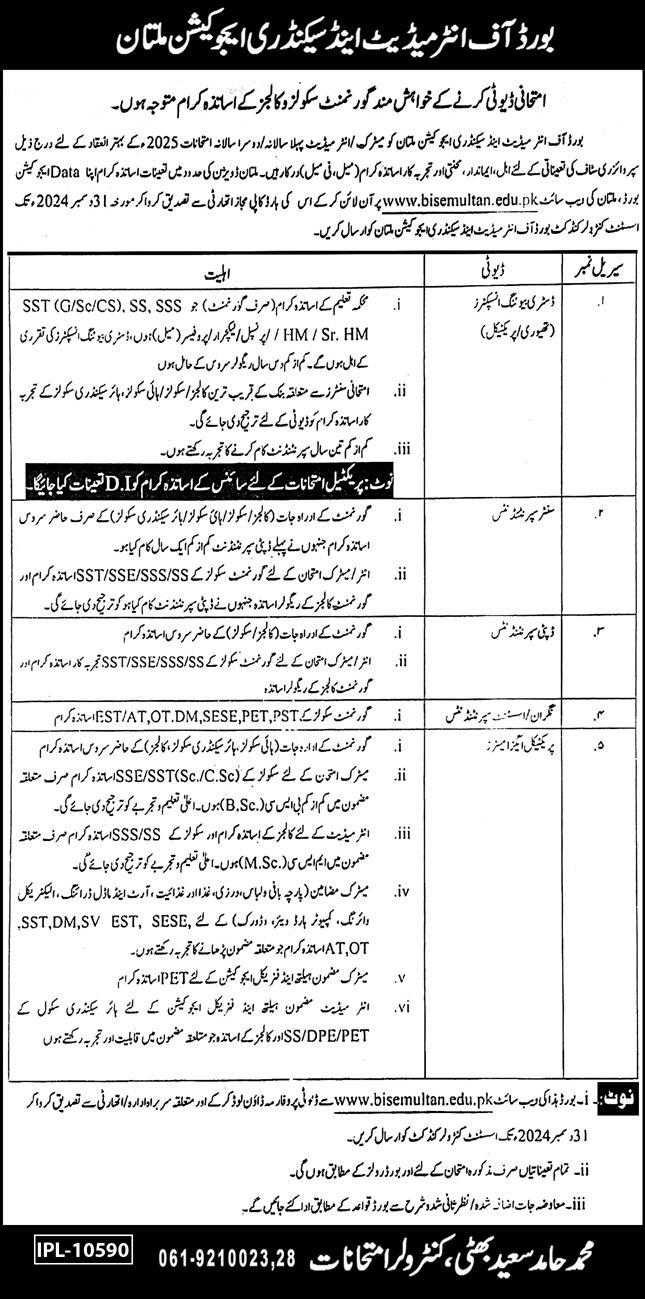 BISE Multan Jobs 2025 for Superintendents, Invigilators, and Examiners