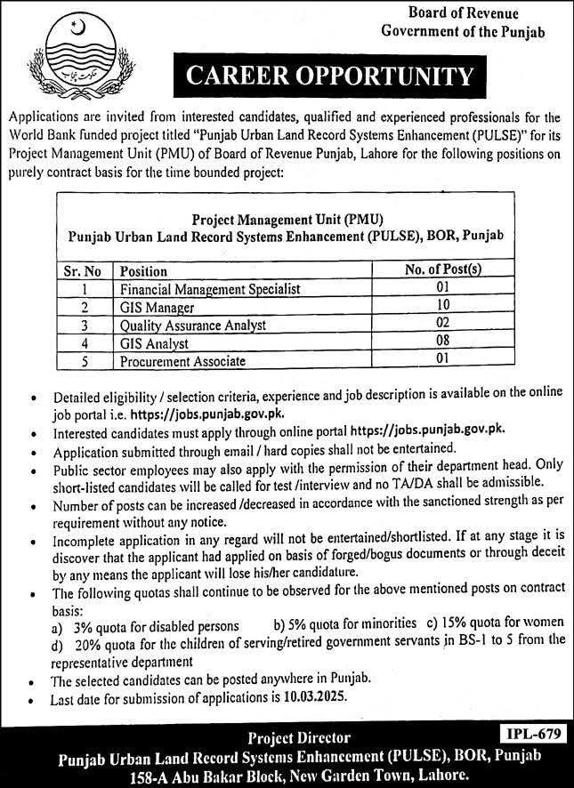 Board of Revenue Punjab Jobs 2025 Latest Advertisement