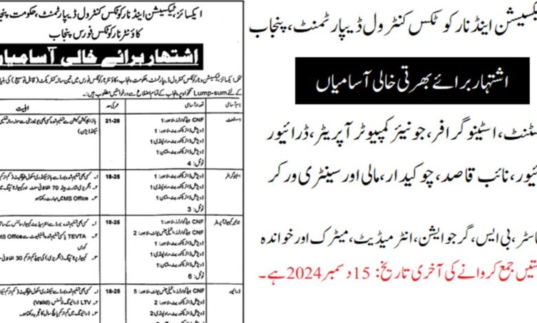 Excise and Taxation Department Punjab (BPS-01 to 14) Jobs 2024