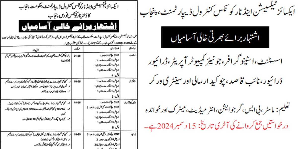 Excise and Taxation Department Punjab (BPS-01 to 14) Jobs 2024