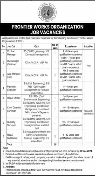 Frontier Works Organization FWO Latest Jobs 2024 Online Apply