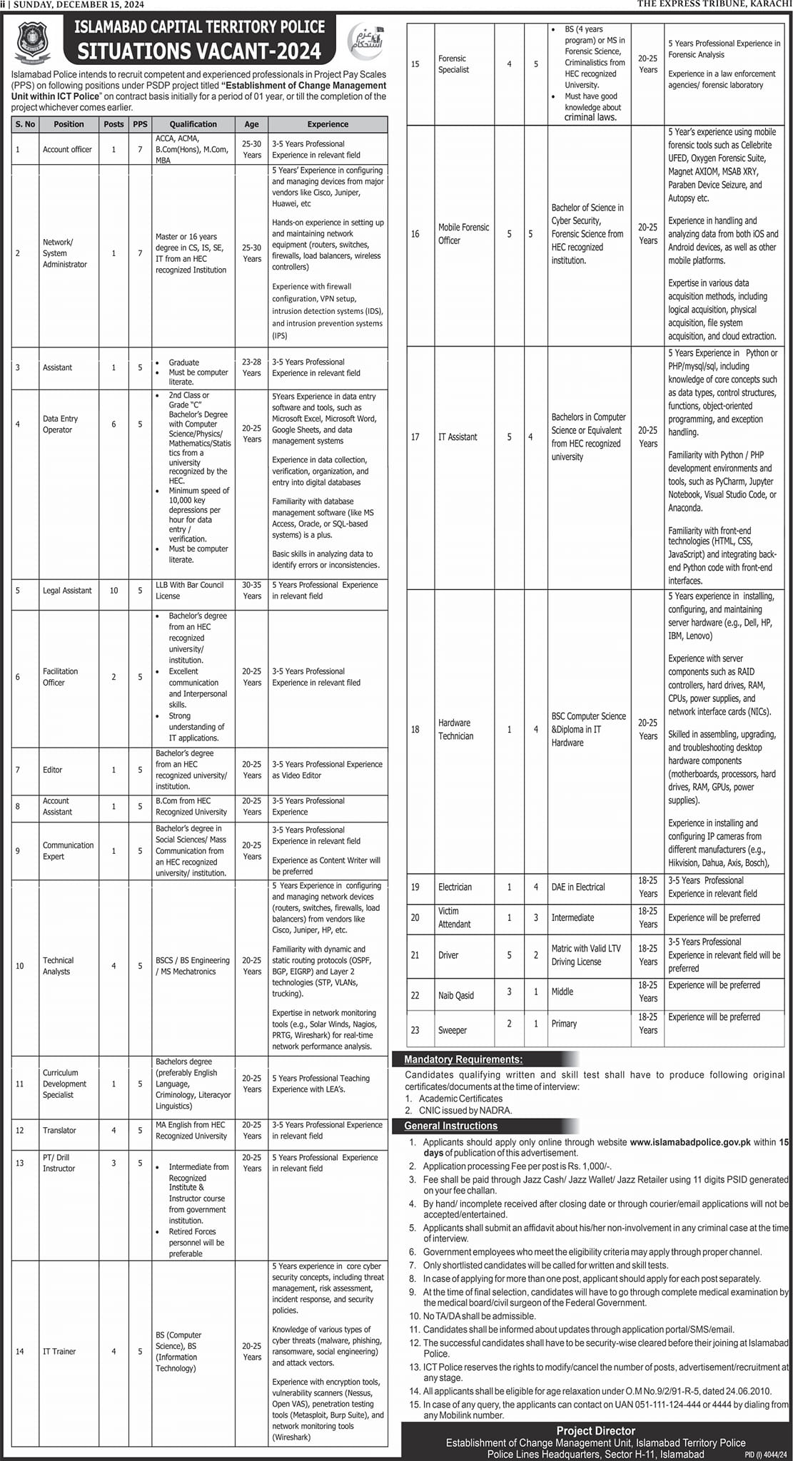 Islamabad Police Jobs 2024 Latest Advertisement (PPS-01 to PPS-07)