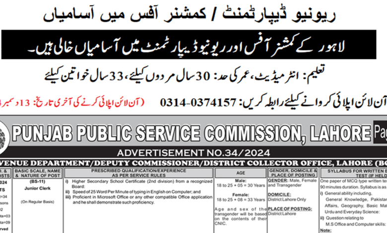 Revenue Department Lahore Jobs 2024