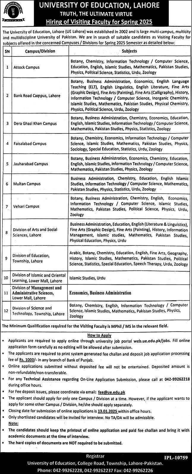 University of Education Jobs 2025 for Teaching Faculty Spring 2025