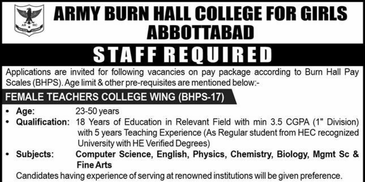 Army Burn Hall College for Girls Jobs 2025