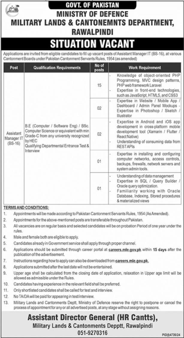 Military Land and Cantonment Department MLC Jobs 2025 Advertisement