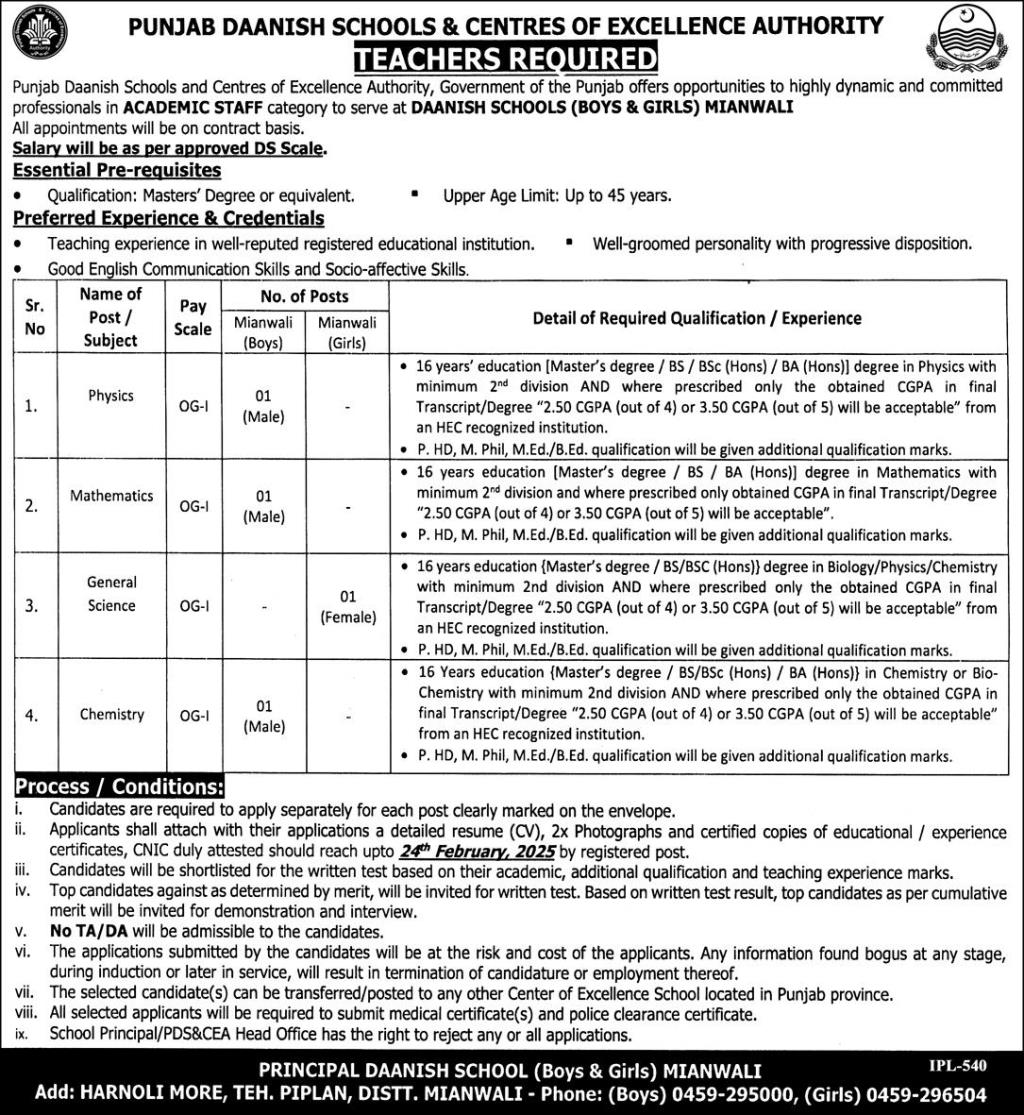 Punjab Daanish Schools Mianwali Jobs 2025