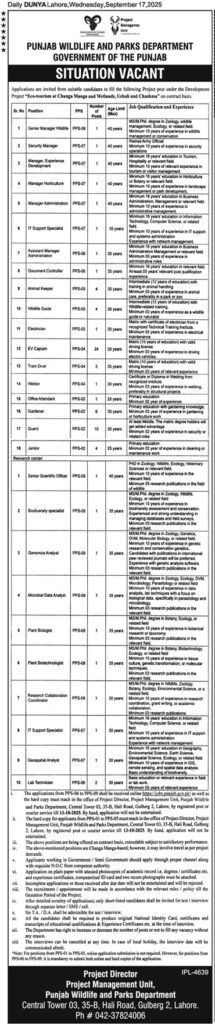 Punjab Wildlife and Parks Department Jobs October 2025