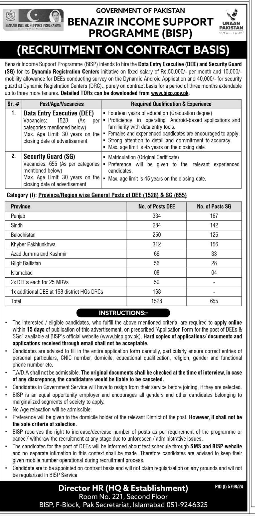 BISP Jobs 2025 Latest Advertisement Online Apply