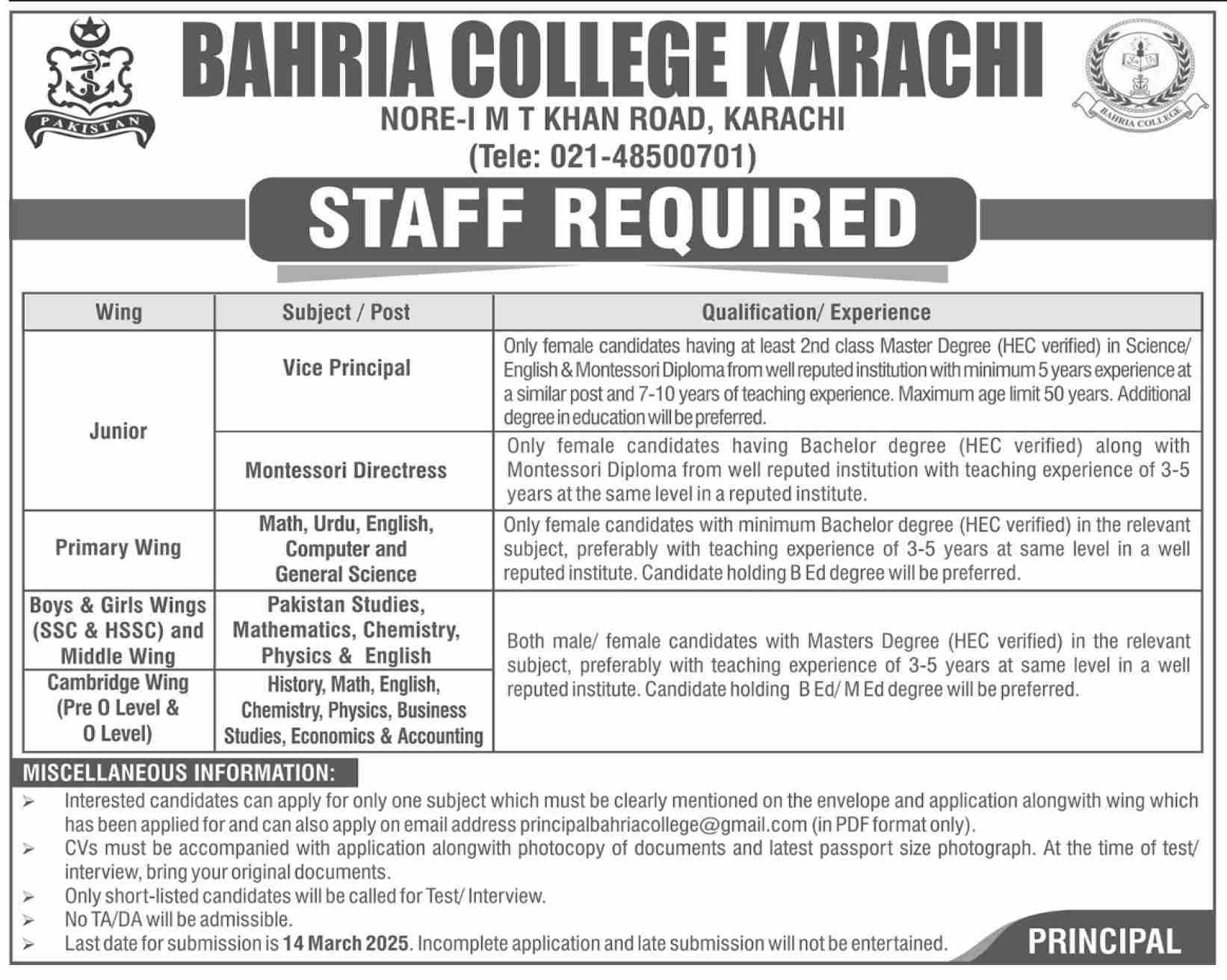 Bahria College Teaching Jobs 2025 Latest Advertisement