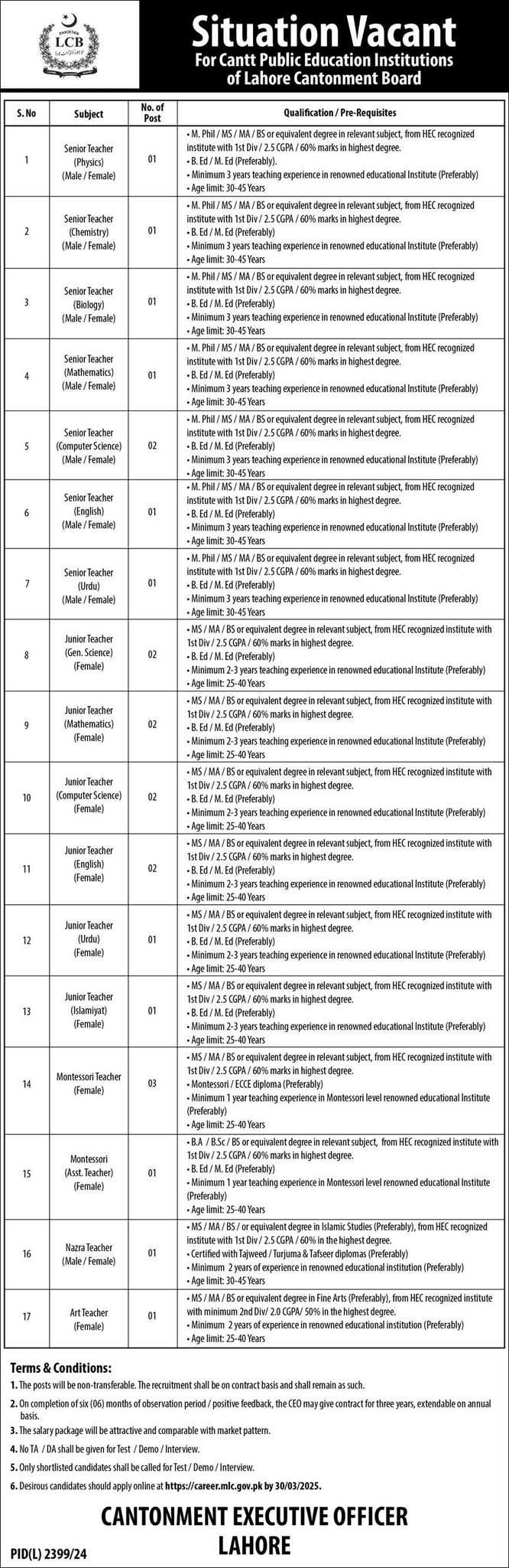 Cantt Public Educational Institute Teaching Jobs 2025 Latest Advertisement