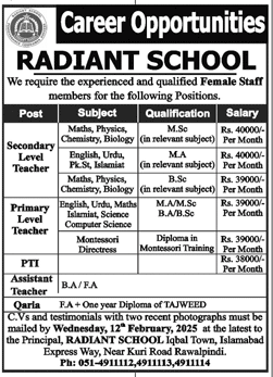 Radiant Public School Lahore Jobs 2025