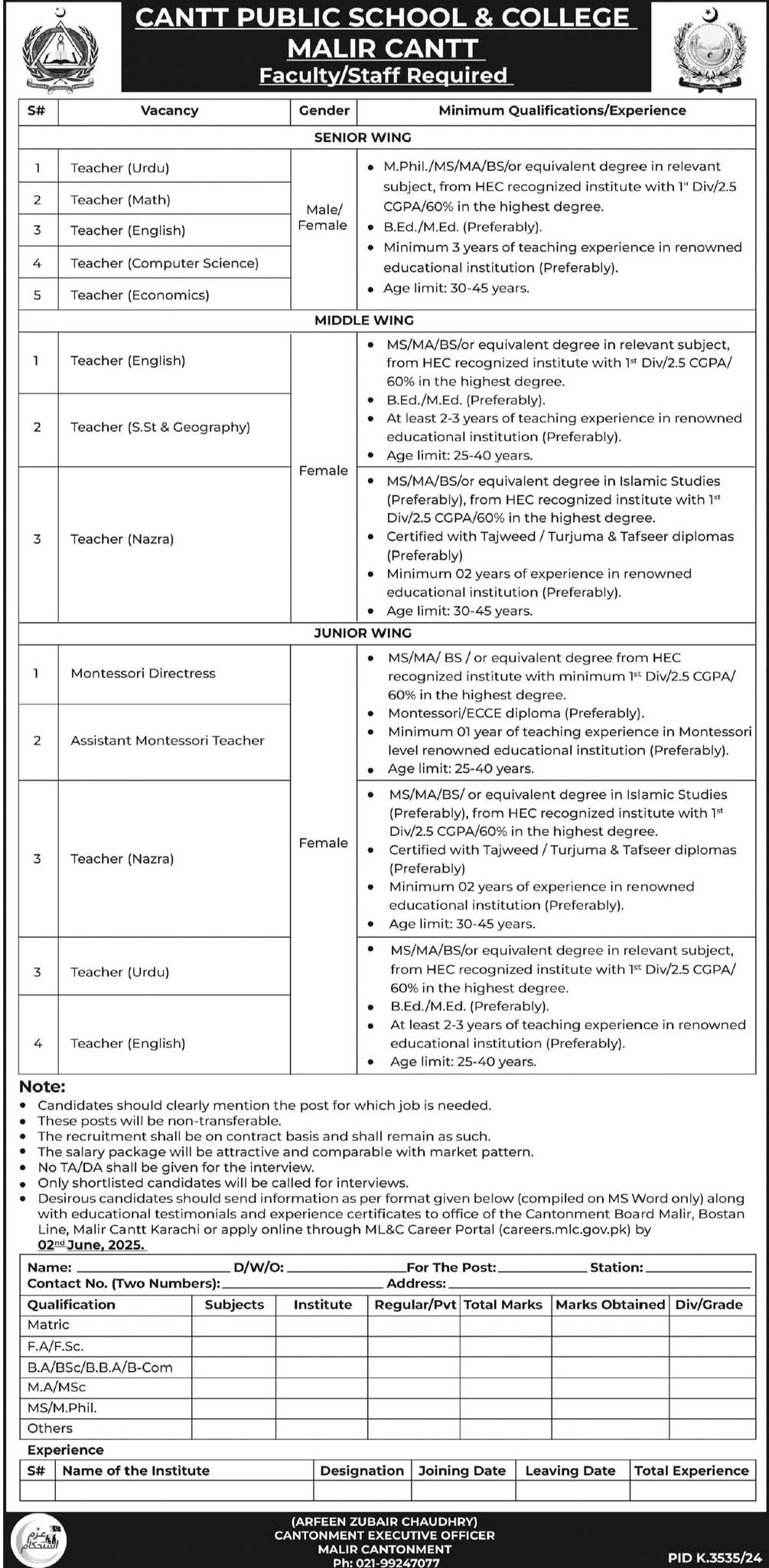 Cantt Public School and College Malir Cantt Jobs 2025