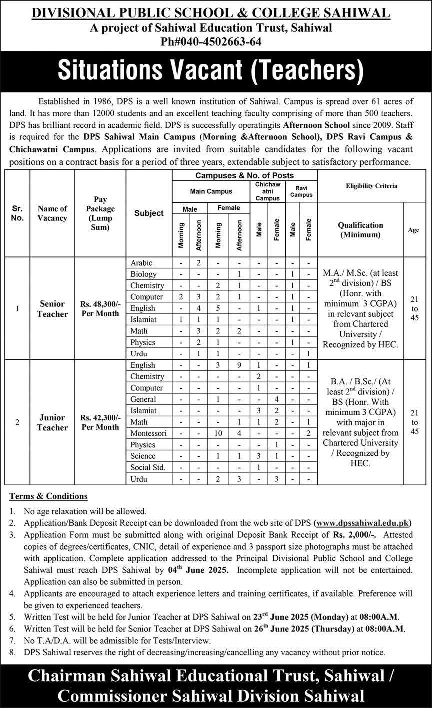 DPS Sahiwal Jobs 2025